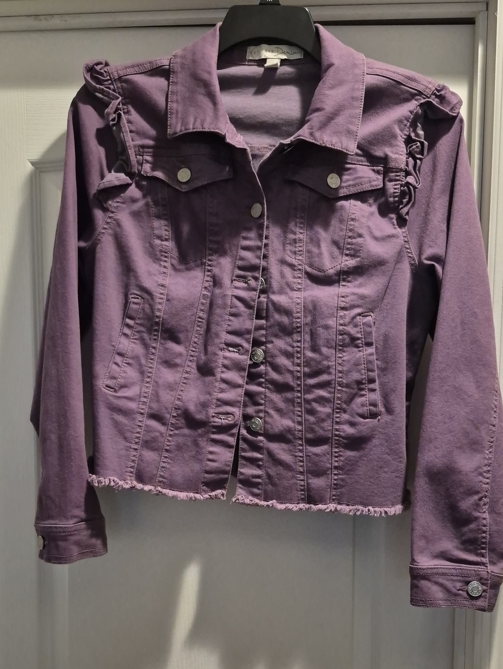 Women's Purple Denim Jacket with Ruffle Shoulder